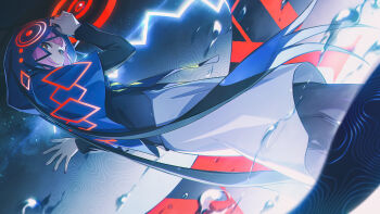 Rule 34 | 1girl, black jacket, blue capelet, blue eyes, blue hood, capelet, commentary, dress, fingernails, grey dress, grey pantyhose, highres, hood, hooded capelet, jacket, kaf (kamitsubaki studio), kamitsubaki studio, laplace (kamitsubaki studio), long sleeves, looking at viewer, looking back, nail polish, pantyhose, pink hair, purple nails, red pupils, water drop, yellow pupils, zhiyan li