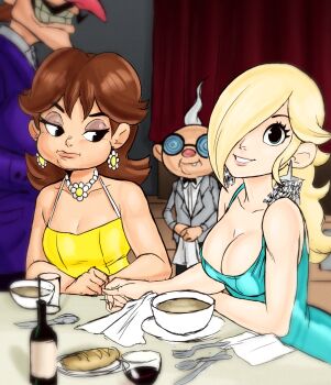 alcohol blonde_hair blue_eyes bottle bowl bread breast_envy breasts brown_eyes brown_hair cleavage cup dress drinking_glass earrings eating flower_earrings food fork glass hair_over_one_eye highres jewelry knife large_breasts long_hair looking_at_viewer marilyn_monroe mario_(series) medium_hair napkin necklace nintendo one_eye_covered plate princess_daisy professor_e_gadd rosalina smile soup spoon star_(symbol) star_earrings table teevo waluigi wine wine_bottle wine_glass
