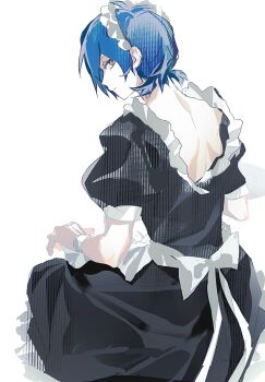 1boy back_bow black_dress blue_hair bmh_1009 bow closed_mouth commentary_request crossdressing crossdressing_(mtf) dress expressionless frilled_dress frilled_hairband frills from_behind grey_eyes hairband highres looking_at_viewer looking_back maid maid_headdress median_furrow persona persona_3 short_hair short_sleeves simple_background solo white_background white_bow white_hairband white_wrist_cuffs wrist_cuffs yuuki_makoto_(persona_3)