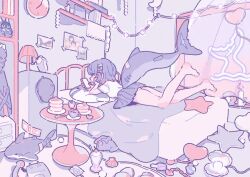 1girl alarm_clock animated bedroom cellphone clock ellen_joe fins fish_tail food indoors koane_k lying on_stomach pancake pancake_stack phone pleated_skirt purple_theme shark_tail skirt smartphone solo swinging tagme tail the_pose video zenless_zone_zero
