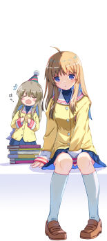 Rule 34 | 2girls, absurdres, ahoge, akayama yukihe, blue eyes, blue skirt, book, book stack, brown hair, clannad, closed eyes, expressionless, hat, highres, hikarizaka private high school uniform, ibuki fuuko, jacket, long sleeves, looking at viewer, miyazawa yukine, multiple girls, party hat, school uniform, shadow, sitting, skirt, standing, star (symbol), white background, yellow jacket