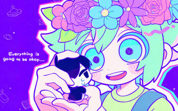 2boys alternate_costume basil_(headspace)_(omori) basil_(omori) black_eyes black_hair black_shirt blue_overalls blush colored_skin crying crying_with_eyes_open double-parted_bangs english_text flower flower_wreath green_eyes green_hair green_shirt hair_between_eyes head_wreath highres looking_at_another male_focus mini_person miniboy multiple_boys omori omori_(omori) open_mouth overalls shinkyo_enishi shirt short_hair sidelocks sitting smile t-shirt tears teeth tongue upper_teeth_only white_skin