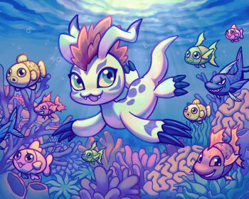 Rule 34 | claws, coral reef, curiostrix, digimon, digimon (creature), fish, gomamon, green eyes, highres, no humans, open mouth, red hair, underwater, white fur