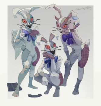 3girls :d absurdres alpineping angel angel_wings animal_costume animal_ears artist_name blue_bow blue_bowtie border bow bowtie buck_teeth commentary cordless_phone demon_girl demon_horns english_commentary eyelashes fake_animal_ears fake_tail feathered_wings five_nights_at_freddy's five_nights_at_freddy's:_security_breach grey_background halo hand_up hands_up highres holding horns index_finger_raised leaning_forward looking_at_viewer multiple_girls multiple_persona open_mouth outside_border patchwork_clothes phone rabbit_costume rabbit_ears rabbit_tail red_eyes red_horns simple_background smile squatting staff_bot standing tail teeth twitter_username upper_teeth_only vanny_(fnaf) white_border white_wings wings