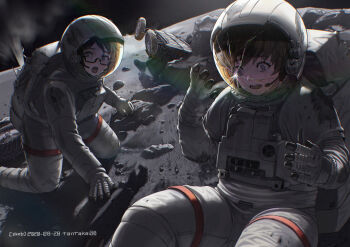 2girls black-framed_eyewear black_hair brown_hair commission crack cracked_glass glasses gloves grey_eyes hands_up headset kneeling multiple_girls on_ground open_mouth original purple_eyes semi-rimless_eyewear sitting skeb_commission spacesuit tantaka under-rim_eyewear wheel white_gloves wide-eyed