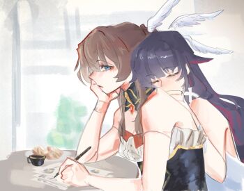 Rule 34 | 2girls, bare arms, bare shoulders, black hair, blue eyes, brown hair, closed eyes, closed mouth, columbina (genshin impact), commentary, doll joints, english commentary, feathered wings, genshin impact, holding, holding pen, joints, leaning on person, multiple girls, paper, pen, pink streaks, sandrone (genshin impact), tibetanyakart, wings, yuri