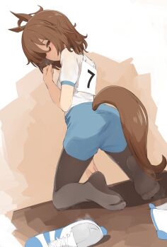 1girl agnes_tachyon_(umamusume) animal_ears ass black_pantyhose blue_shorts brown_hair closed_mouth commentary commission english_commentary feet from_behind gym_shorts gym_uniform highres horse_ears horse_girl horse_tail kneeling looking_at_viewer looking_back medium_hair no_shoes pantyhose pantyhose_under_shorts puffy_short_sleeves puffy_sleeves recklessdraw red_eyes shirt shoes short_sleeves shorts smell sneakers soles solo steam tail toes umamusume unworn_shoes white_shoes