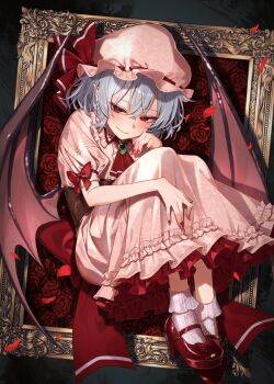 Rule 34 | 1girl, ascot, back bow, bat wings, blue hair, blush, bow, brooch, closed mouth, commentary request, flower, greenkohgen, hair between eyes, hat, hat ribbon, highres, jewelry, looking at viewer, mary janes, medium hair, mob cap, picture frame, pink hat, pink shirt, pink skirt, pointy ears, puffy short sleeves, puffy sleeves, red ascot, red bow, red eyes, red flower, red nails, red rose, red shoes, remilia scarlet, ribbon, rose, shirt, shoes, short sleeves, skirt, sleeve bow, smile, socks, solo, touhou, white socks, wings