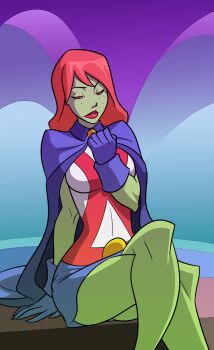 1girl alien cape colored_skin dc_comics gloves green_skin long_hair miss_martian red_hair solo superhero_costume usmanhayat young_justice