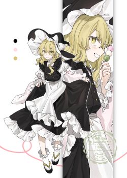 1girl absurdres adapted_costume apron black_hat black_skirt black_vest blonde_hair bow chu_(yuzumeno) closed_mouth color_guide commentary_request dango food frilled_skirt frills grin hat hat_bow highres holding holding_own_skirt holding_skewer kirisame_marisa long_hair long_sleeves looking_at_viewer multiple_views platform_sandals sandals sanshoku_dango skewer skirt smile socks touhou vest wagashi waist_apron watermark white_bow white_socks witch_hat yellow_eyes