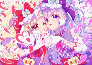 2girls :d :o aisaki_emiru ascot blonde_hair bow bowtie cheek-to-cheek choppy_bangs clothing_cutout commentary confettocandy cure_amour cure_macherie dress drill_hair earrings eyelashes gloves hair_bow heads_together heart heart_hands heart_hands_duo heart_in_heart_hands highres hugtto!_precure jewelry lipstick long_hair magical_girl makeup multiple_girls multiple_theme_colors one_eye_closed open_clothes open_mouth pink_ascot pleated_collar pom_pom_(clothes) pom_pom_earrings precure puffy_short_sleeves puffy_sleeves purple_bow purple_dress purple_eyes purple_theme red_bow red_bowtie red_hair red_lips red_theme ruru_amour short_sleeves shoulder_cutout smile tareme three-quarter_sleeves twin_drills two_side_up upper_body v-bangs white_gloves