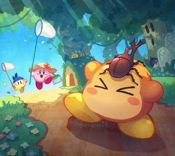 >_< :d bandana bandana_waddle_dee blue_bandana blue_eyes blush_stickers butterfly_net commentary_request flower forest grass hand_net hat hat_flower holding holding_butterfly_net insect_on_head kirby kirby_(series) leaf nature nintendo no_humans open_mouth outdoors path rhinoceros_beetle road running smile straw_hat sunlight suyasuyabi twitter_username waddle_dee whispy_woods |_|