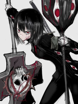 Rule 34 | 1girl, absurdres, black hair, black pants, black suit, blood, blood on face, bob cut, breasts, character request, check character, chuhaibane, commentary request, e.g.o (project moon), expressionless, formal clothes, gloves, highres, holding, holding mace, holding weapon, katana, limited palette, lobotomy corporation, looking at viewer, mace, medium breasts, medium hair, necktie, pants, penitence (e.g.o), project moon, red eyes, red eyes (e.g.o), red necktie, ryoshu (project moon), short hair, simple background, solo, suit, sword, sword on back, weapon, weapon on back, white background, white gloves