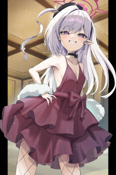 1girl 966_kururu_966 absurdres bare_arms bare_shoulders black_choker blue_archive blush breasts choker commentary_request dress fishnet_pantyhose fishnets fur_shawl grey_hair grin halo highres long_hair looking_at_viewer mutsuki_(blue_archive) mutsuki_(dress)_(blue_archive) official_alternate_costume pantyhose partial_commentary pointy_ears purple_eyes red_dress red_halo shawl sleeveless sleeveless_dress small_breasts smile solo