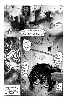 2021 3boys absurdres ass bdsm blood chain comic cut death_note english_text erection fellatio forced gun highres irrumatio knife male_focus mello_(death_note) monochrome multiple_boys near_(death_note) nude oral penis rape satanism sex speech_bubble uncensored weapon white_hair yaoi