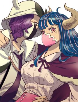 1boy 1girl blue_hair cape collared_shirt commentary_request eyelashes fur-trimmed_cape fur_trim hat horned_hat horns living_(pixiv5031111) long_sleeves mask mouth_mask multicolored_hair necktie one_piece page_one_(one_piece) purple_hair purple_necktie purple_ribbon ribbon shirt streaked_hair ulti_(one_piece) white_background white_shirt