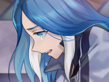 1girl blue_eyes blue_hair bodysuit commentary crying crying_with_eyes_open grey_bodysuit high_collar highres inazuma_eleven inazuma_eleven_(series) long_hair multicolored_hair nakamasa21 solo tears two-tone_hair urubida white_hair