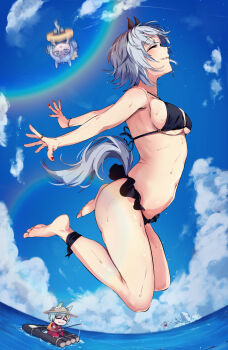 =_= absurdres alternate_costume animal_ears ass barefoot bikini black_bikini black_one-piece_swimsuit breasts brown_eyes casual_one-piece_swimsuit chibi commentary curren_chan_(umamusume) ear_covers ears_through_headwear fishing_rod from_side gold_ship_(run_revolt_launcher)_(umamusume) gold_ship_(umamusume) green_hair grey_hair hat highres hishi_miracle_(umamusume) holding holding_fishing_rod horse_ears horse_girl horse_tail jacket jumping life_vest medium_breasts ocean official_alternate_costume one-piece_swimsuit pants raft rakugosha_(straggler_house) red_jacket red_track_suit seiun_sky_(umamusume) seiza short_hair sideboob single_ear_cover sitting solo_focus squid sun_hat swimsuit tail tracen_training_uniform track_jacket track_pants track_suit umamusume