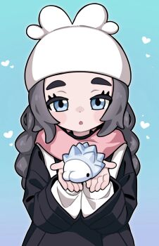 1girl ansha_(pokemon) black_coat black_hair blue_background blue_eyes blush_stickers coat gen_8_pokemon hat heart highres holding holding_pokemon long_hair looking_at_viewer mwm5 nintendo open_mouth pink_scarf pokemon pokemon_(creature) pokemon_legends:_z-a scarf snom thick_eyebrows white_hat