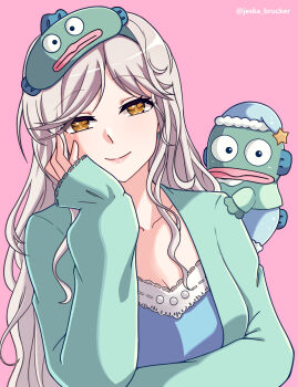 1girl aqua_pajamas blue_nightgown breasts cleavage eternity_(reverse:1999) hand_on_own_cheek hand_on_own_face hangyodon highres jeska_brucker long_hair mask mask_on_head nightgown pajamas reverse:1999 sanrio sleep_mask smile solo twitter_username upper_body white_hair yellow_eyes