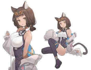 Rule 34 | 1girl, :3, absurdres, animal ears, arknights, bare shoulders, black tail, black thighhighs, blunt bangs, brown hair, chinese commentary, closed mouth, commentary request, grey jacket, hair ornament, highres, infection monitor (arknights), jacket, looking at viewer, medium hair, multiple views, off shoulder, parted lips, shirt, simple background, sleeveless, sleeveless shirt, tail, thighhighs, titi (arknights), white background, white shirt, yako (origami), yellow eyes