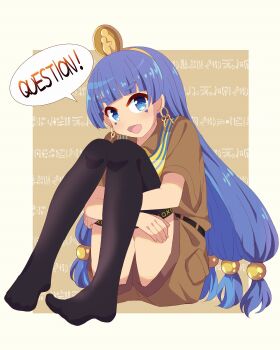 1girl :o belt black_belt black_thighhighs blue_eyes border brown_shirt brown_shorts commentary_request earrings english_text facial_mark full_body gold hair_bobbles hair_ornament hieroglyphics highres hoop_earrings jewelry key_earrings knees_up long_hair looking_at_viewer michigami_nareko no_shoes open_mouth revision shirt shorts simple_background sitting solo speech_bubble thighhighs touhou triangle triangle_facial_mark usekh_collar utakata_(azaka00) very_long_hair white_border