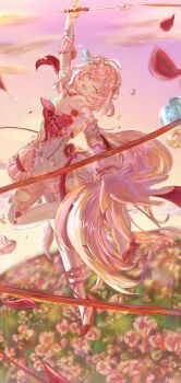 1girl absurdres beret breasts chinese_commentary commentary_request diamond-shaped_pupils diamond_(shape) dress earrings elf elysia_(hi_love_elf)_(honkai_impact) elysia_(honkai_impact) falling_petals field flower flower_field hat heart heart_earrings high_heels highres holding_ribbon_baton honkai_(series) honkai_impact_3rd jewelry large_breasts long_hair multicolored_hair ningjing_jingzi outdoors petals pink_flower pink_hair pink_sky pointy_ears purple_eyes red_dress ribbon ribbon_baton sky solo symbol-shaped_pupils thighhighs two-tone_dress two-tone_hair very_long_hair white_dress white_hair white_thighhighs