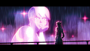 2girls absurdres artist_request blade_runner_(series) blade_runner_2049 braid braided_bun braided_ponytail commentary double_bun english_commentary foo_fighters_(jojo) foo_fighters_(stand) from_behind glowing goslingposting_(meme) hair_bun highres joi jojo_no_kimyou_na_bouken kuujou_jolyne letterboxed long_sleeves meme multiple_girls notoriou5pirate parted_lips rain size_difference smile spoilers stone_ocean you_look_lonely_(meme)