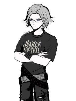 1boy alternate_costume aotsuki_eito belt blue_eyes closed_mouth crossed_arms denim emo_fashion eyebrows frown glasses highres jeans male_focus multiple_belts pants parted_hair pierce_the_veil_(band) simple_background solo solo_focus the_hundred_line_-last_defense_academy- torn_clothes torn_jeans torn_pants white_hair