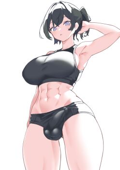 1girl abs absurdres arm_behind_head arm_up armpits black_hair black_sports_bra blue_eyes breasts chinmeritto commentary_request covered_penis covered_testicles cowboy_shot futanari highres large_breasts looking_at_viewer navel original parted_lips short_hair simple_background solo sports_bra sports_panties standing stomach thighs toned toned_female white_background