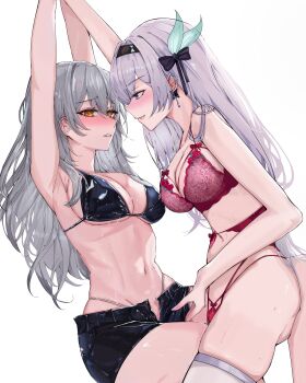 2girls absurdres alternate_costume arnkun assertive_female black_bra black_hairband black_shorts bra breasts commentary earrings firefly_(honkai:_star_rail) grey_hair hairband hand_under_clothes hand_under_shorts hands_up highres honkai:_star_rail honkai_(series) jewelry lace lace_bra lingerie long_hair multiple_girls navel open_clothes open_shorts panties red_bra red_panties shorts stelle_(honkai:_star_rail) stomach trailblazer_(honkai:_star_rail) underwear yuri