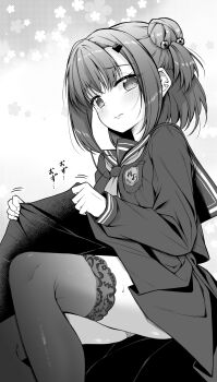 1girl blush breasts closed_mouth clothes_lift emblem greyscale highres ina_(inadahime) lifting_own_clothes looking_at_viewer monochrome neckerchief original pleated_skirt sailor_collar school_uniform serafuku short_hair skirt skirt_lift small_breasts solo sweat thighhighs