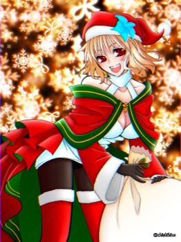 1girl akishikino alternate_costume arcueid_brunestud arcueid_brunestud_(mooncancer) bare_shoulders blonde_hair blue_flower blush boots breasts brown_gloves capelet christmas cleavage dress fate/grand_order fate_(series) flower gloves hair_between_eyes hair_flower hair_ornament hat highres knee_boots looking_at_viewer pantyhose red_capelet red_dress red_eyes sack santa_costume santa_hat short_hair smile wavy_hair white_dress