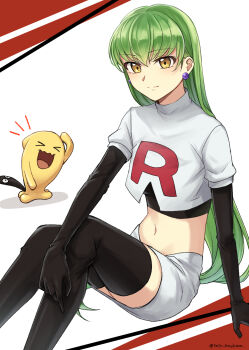 1girl black_footwear black_gloves c.c. code_geass cosplay earrings gen_2_pokemon gloves green_hair highres jessie_(pokemon) jessie_(pokemon)_(cosplay) jewelry leggings long_hair looking_at_viewer nintendo pokemon pokemon_(anime) pokemon_(classic_anime) pokemon_(creature) setu_kurokawa short_sleeves sitting team_rocket team_rocket_uniform upper_body wobbuffet yellow_eyes