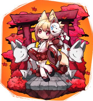 Rule 34 | 1girl, animal ear fluff, animal ears, bare shoulders, blonde hair, blush, borrowed character, chibi, commentary request, detached sleeves, female focus, fox ears, fox statue, fox tail, fukurou (owl222), highres, inari, japanese clothes, kemomimi-chan (naga u), leaf, long sleeves, looking at viewer, miko, okobo, orange background, original, parted lips, platform sandals, red eyes, sandals, solo, standing, standing on one leg, statue, tail, thighhighs, torii, tree, white thighhighs, wide sleeves