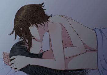 2girls black_hair breast_press brown_hair closed_eyes commentary_request french_kiss hand_on_another's_head highres kiss long_hair medium_hair multiple_girls night nude on_bed original ryuusa symmetrical_docking tongue tongue_out under_covers yuri