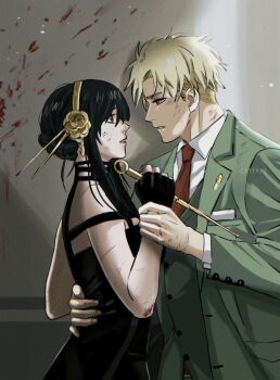 1boy 1girl arm_around_waist artist_name bare_shoulders black_dress black_gloves black_hair blonde_hair blood blood_on_arm blood_on_face blood_on_wall catyyps collared_shirt couple dagger dress earrings fingerless_gloves flower gloves gold_earrings gold_hairband green_jacket green_vest hair_between_eyes hair_flower hair_ornament hair_stick hairband hetero highres holding holding_another's_wrist holding_weapon jacket jewelry knife long_hair looking_at_another necktie parted_bangs parted_lips pocket_square red_lips red_necktie shirt short_hair sidelocks spy_x_family stiletto_(weapon) suit_jacket twilight_(spy_x_family) updo vest waistcoat weapon white_shirt yor_briar