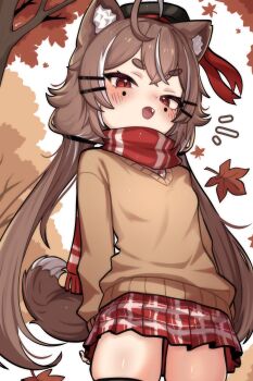 1girl ahoge animal_ears blush breasts brown_hair cat_ears cat_girl cat_tail cowboy_shot fang from_below highres indie_virtual_youtuber leaf looking_at_viewer low_twintails maple_leaf maple_tree mocha-tan mocha-tan_(character) mole mole_under_each_eye mole_under_eye multicolored_hair multiple_moles open_mouth pleated_skirt red_eyes red_scarf red_skirt scarf skirt small_breasts solo streaked_hair sweater tail thighhighs thighs tree twintails two-tone_hair virtual_youtuber white_hair zettai_ryouiki