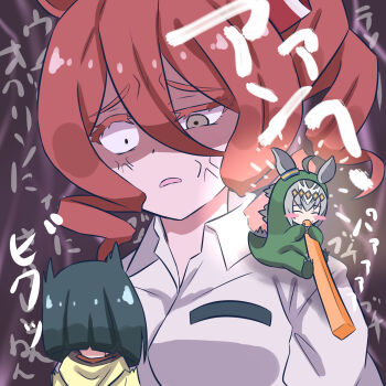 3girls anger_vein angry black_hair blunt_ends bob_cut brown_hair carrying closed_eyes commentary constricted_pupils dress_shirt drill_hair drill_sidelocks ear_ornament eating frown giant giantess grey_eyes hair_ornament highres kishiroki medium_hair mini_person minigirl mini_the_lady_(umamusume) multiple_girls norn_ace_(umamusume) oguri_cap_(gray_monster)_(umamusume) oguri_cap_(umamusume) on_shoulder shirt short_hair side_drill sidelocks sitting text_background translated trembling umamusume umamusume:_cinderella_gray white_shirt wing_collar