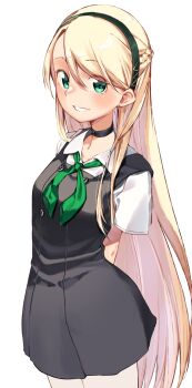 Rule 34 | 1girl, absurdres, arms behind back, black dress, blonde hair, blush, braid, breasts, choker, collared shirt, dress, fate/grand order, fate (series), gerda (fate), green eyes, grin, hairband, highres, kei (soundcross), long hair, looking at viewer, neckerchief, shirt, short sleeves, small breasts, smile, solo, swept bangs, thighs, white shirt