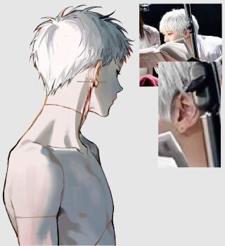 1boy absurdres avandee11949 blood closed_mouth collarbone commentary english_commentary from_side highres hikaru_ga_shinda_natsu indou_hikaru male_focus multiple_scars nipples nude piercing_(action) reference_inset scar scar_on_arm scar_on_neck short_hair simple_background skinny solo upper_body white_background white_hair