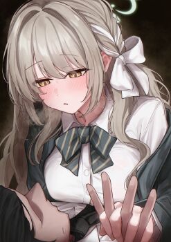 1boy 1girl absurdres black_hair black_necktie blonde_hair blue_archive blush bow braid breasts brown_eyes commentary_request diagonal-striped_bow green_bow green_halo green_jacket hair_between_eyes halo highres interlocked_fingers jacket large_breasts long_hair miyo_(blue_archive) multicolored_hair necktie no_eyes oiru_(613) open_clothes open_jacket open_mouth sensei_(blue_archive) short_hair sidelocks striped_bow two-tone_hair white_hair