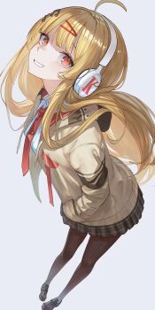 Rule 34 | 1girl, absurdres, ahoge, alex0817, black pantyhose, blonde hair, collared shirt, commentary request, fortissimo, hair ornament, hands in pockets, headphones, highres, hololive, jacket, leaning forward, looking at viewer, musical note, musical note hair ornament, necktie, otonose kanade, pantyhose, piano print, pleated skirt, red eyes, shirt, skirt, smile, solo, virtual youtuber, white background