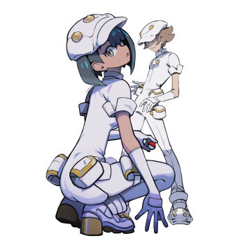 1boy 1girl :o aether_foundation_employee aether_foundation_employee_(female) aether_foundation_uniform black_hair brown_hair commentary eudetenis gloves hat highres holding holding_poke_ball jumpsuit looking_at_viewer looking_to_the_side nintendo open_mouth overalls pantyhose poke_ball poke_ball_(basic) pokemon pokemon_sm shoes short_hair short_sleeves simple_background squatting white_background white_gloves white_hat white_jumpsuit white_overalls white_pantyhose white_shoes
