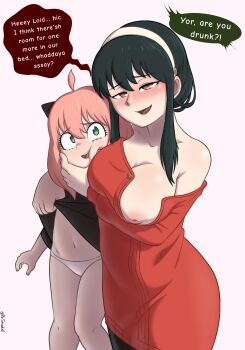 absurdres age_difference ahoge anya_(spy_x_family) black_hair blush breasts clothes_lift dress dress_lift drunk english_text green_eyes hairband hairpods highres imminent_incest incest large_breasts legs loli long_hair looking_at_viewer medium_hair mother_and_daughter mr_snowkell navel nervous_smile nipples panties pink_hair red_eyes smile speech_bubble spy_x_family standing stomach thighs twintails underwear white_background white_panties yor_briar
