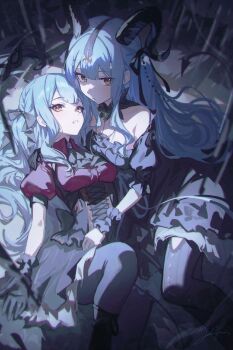 Rule 34 | 2girls, arknights, artist name, bang dream!, bang dream! it's mygo!!!!!, bare shoulders, black dress, black gloves, black horns, black skirt, black thighhighs, black wrist cuffs, blue eyes, braid, breasts, brown corset, chinese commentary, closed mouth, collarbone, collared shirt, commentary request, corset, criss-cross strings, curled horns, dress, dual persona, frilled wrist cuffs, frills, gloves, hair ribbon, hair spread out, hand on another's waist, headpiece, highres, horn ornament, horn ring, horns, knee up, long hair, lying, medium breasts, multiple girls, oblivionis (bang dream!), parted lips, puffy short sleeves, puffy sleeves, red shirt, ribbon, shali, shirt, short sleeves, sidelocks, skirt, thighhighs, thighs, togawa sakiko, togawa sakiko (master of melodia), very long hair, wrist cuffs, yellow eyes