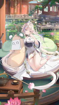 1girl architecture barefoot blonde_hair blue_eyes blue_streaks character_request closed_mouth commentary_request creature cup east_asian_architecture flower full_body garden hand_up highres houchi_shoujo lily_pad long_hair official_art pale_skin pink_flower pink_petals sitting solo_focus split_mouth teapot very_long_hair water water_lily_flower