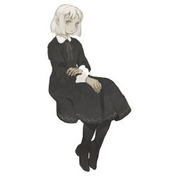 Rule 34 | 1girl, black dress, black footwear, black sleeves, blonde hair, blunt bangs, blunt ends, boots, closed mouth, collar, collared dress, dress, expressionless, full body, grey eyes, grey ribbon, hand on lap, hand on own arm, highres, long sleeves, looking at viewer, neck ribbon, original, pleated skirt, ribbon, short dress, short hair, simple background, sitting, skirt, solo, tono (rt0no), white background, white collar