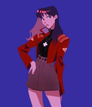 1girl blue_background blunt_bangs blush brown_skirt cheseely cowboy_shot cropped_jacket cross_pendant hair_behind_ear hand_on_own_hip highres jacket katsuragi_misato long_hair looking_at_viewer neon_genesis_evangelion parted_lips red_jacket skirt solo turtleneck