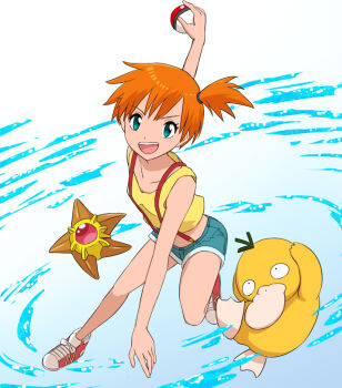 1girl aqua_eyes aqua_shorts bare_arms bare_shoulders commentary crop_top full_body gen_1_pokemon holding holding_poke_ball looking_at_viewer midriff misty_(pokemon) nintendo open_mouth orange_hair poke_ball pokemon pokemon_(creature) psyduck red_shoes shoes short_shorts shorts side_ponytail smile staryu suspender_shorts suspenders tank_top teeth upper_teeth_only yellow_tank_top yuzuchiri